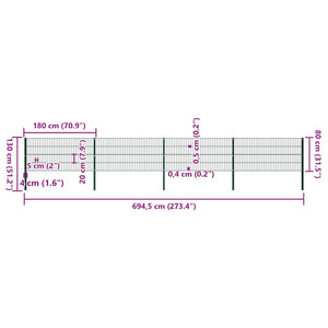 Pannello di Recinzione con Pali in Ferro 6,8x0,8 m Verde