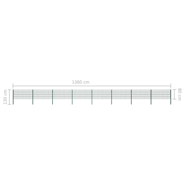 Pannello di Recinzione con Pali in Ferro 13,6x0,8 m Verde