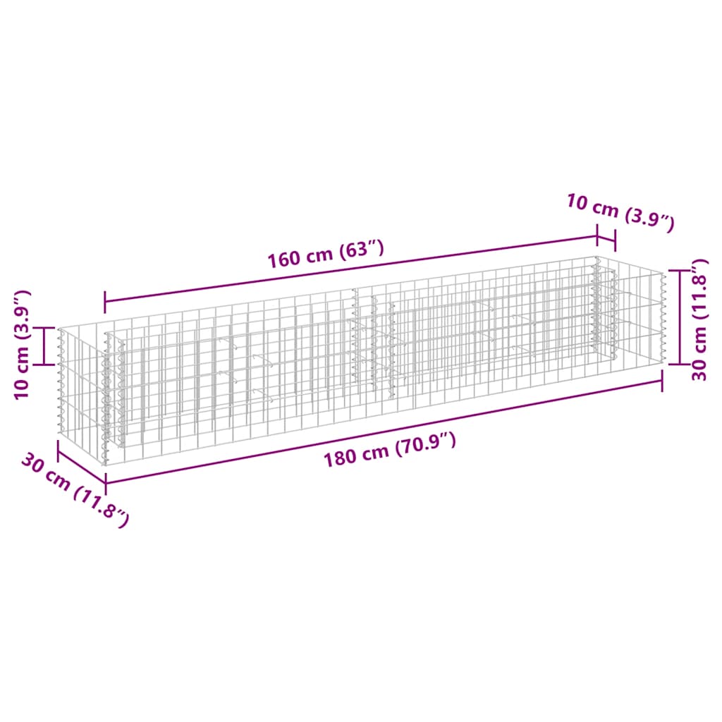 Gabbione Letto Rialzato in Acciaio Zincato 180x30x30 cm