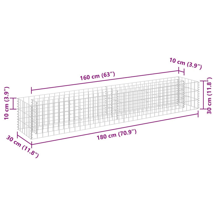 Gabbione Letto Rialzato in Acciaio Zincato 180x30x30 cm