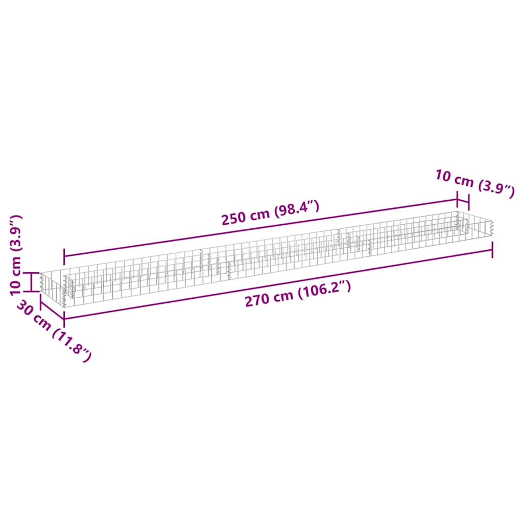 Gabbione Letto Rialzato in Acciaio Zincato 270x30x10 cm 145636