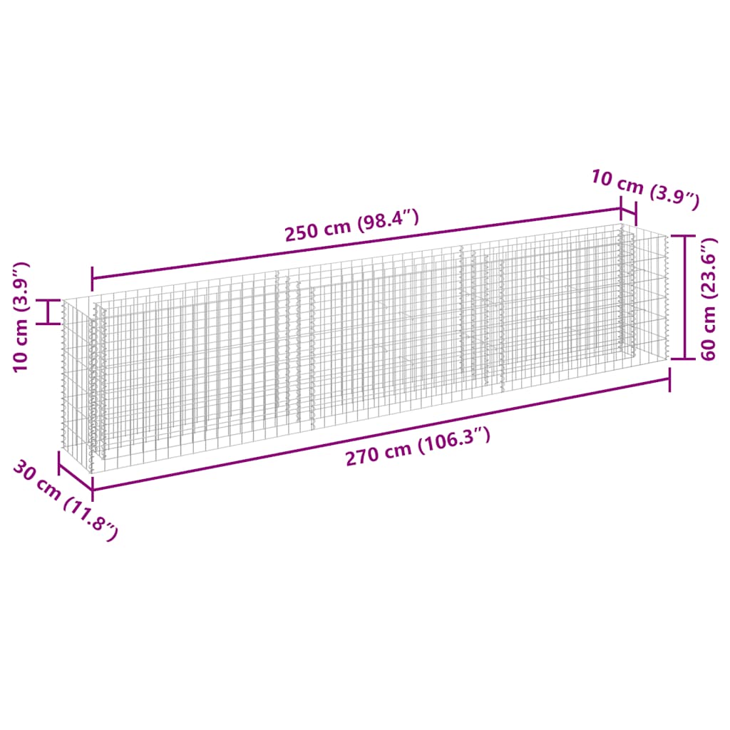 Gabbione Letto Rialzato in Acciaio Zincato 270x30x60 cm cod mxl 64325