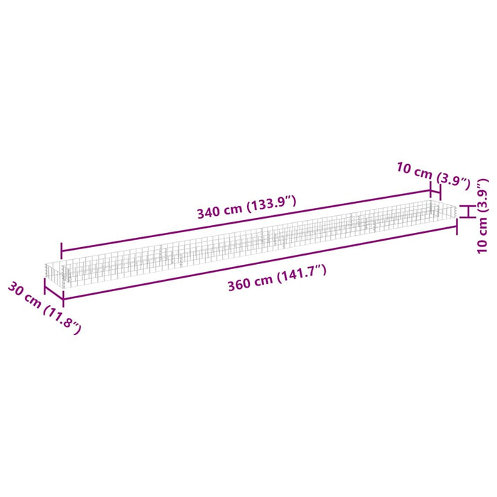 Gabbione Letto Rialzato in Acciaio Zincato 360x30x10 cm