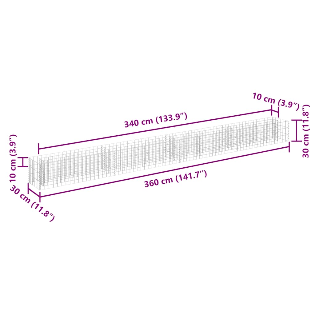 Gabbione Letto Rialzato in Acciaio Zincato 360x30x30 cm