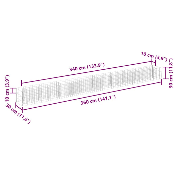 Gabbione Letto Rialzato in Acciaio Zincato 360x30x30 cm