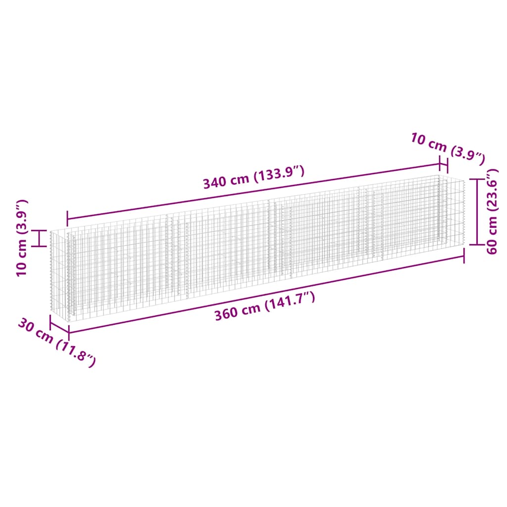 Gabbione Letto Rialzato in Acciaio Zincato 360x30x60 cm cod mxl 51536