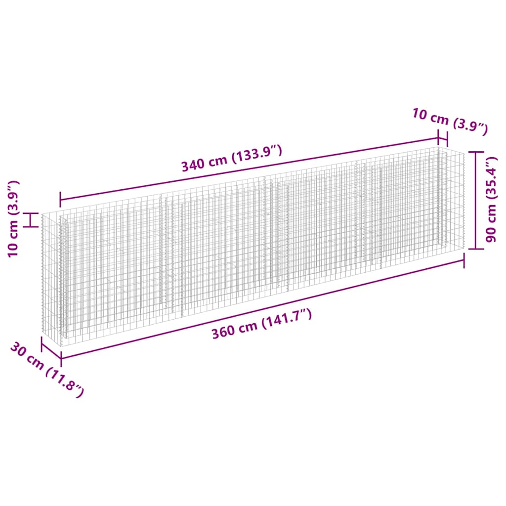 Gabbione Letto Rialzato in Acciaio Zincato 360x30x90 cm