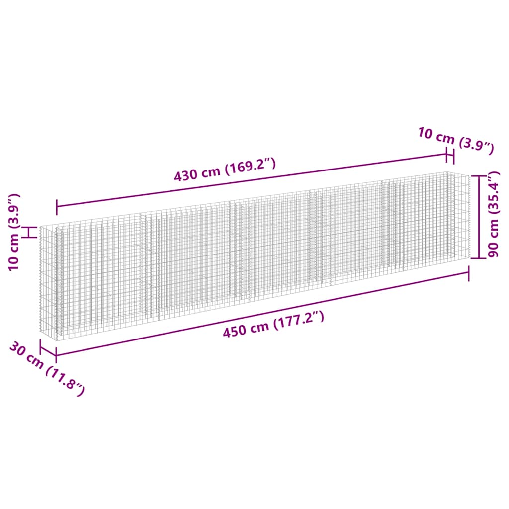 Gabbione Letto Rialzato in Acciaio Zincato 450x30x90 cm