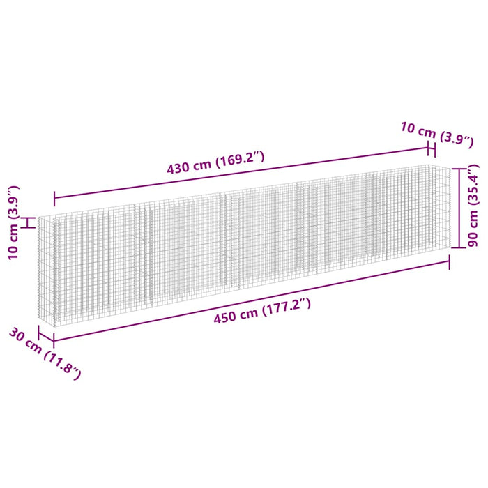 Gabbione Letto Rialzato in Acciaio Zincato 450x30x90 cm