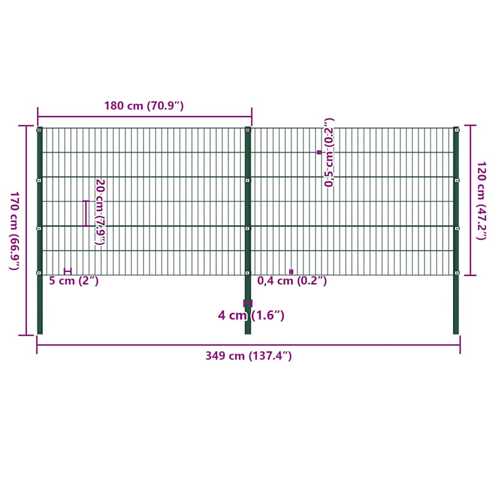 Pannello di Recinzione con Pali in Ferro 3,4x1,2 m Verde