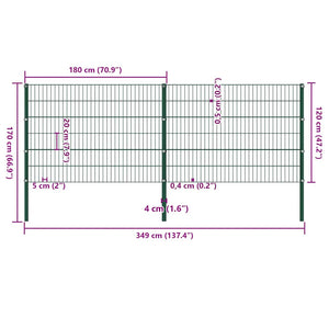 Pannello di Recinzione con Pali in Ferro 3,4x1,2 m Verde