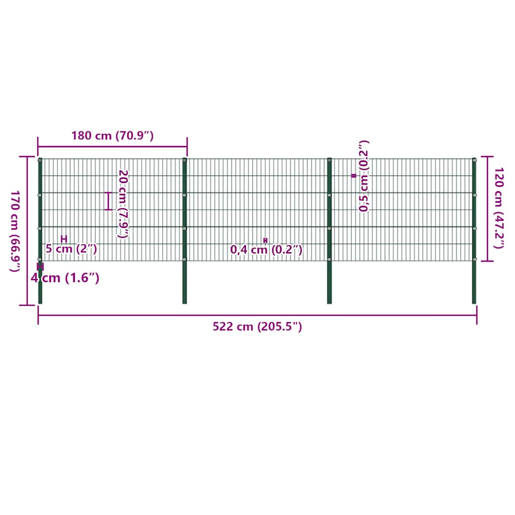 Pannello di Recinzione con Pali in Ferro 5,1x1,2 m Verde