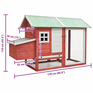 Pollaio Rosso 170x81x110 cm in Legno Massello di Pino e Abete 170863