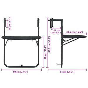 Tavolo da Balcone Pensile Nero 60x64x83,5cm Plastica Rattan 47894