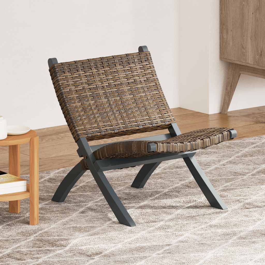 Sedia Relax Grigia in Rattan Kubu Naturale e Mogano Massello 285801