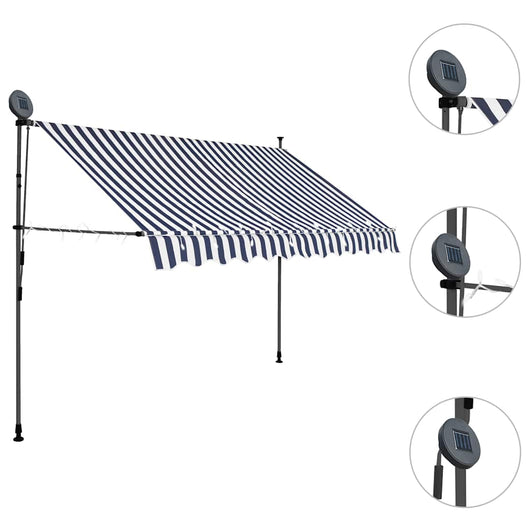 Tenda da Sole Retrattile Manuale con LED 250 cm Blu e Bianca 145844