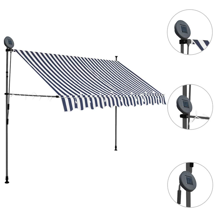 Tenda da Sole Retrattile Manuale con LED 300 cm Blu e Bianca 145845