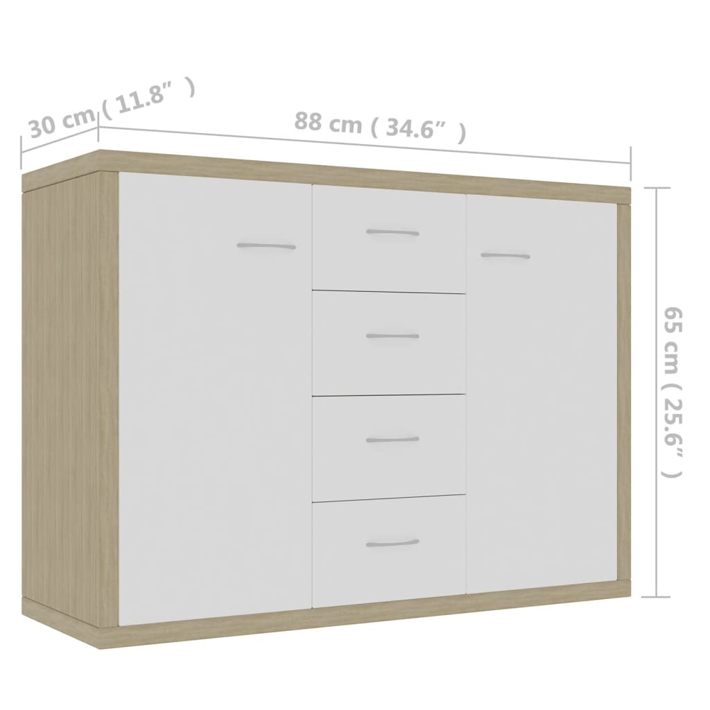 Credenza Bianca e Rovere Sonoma 88x30x65cm in Legno Multistrato 800689