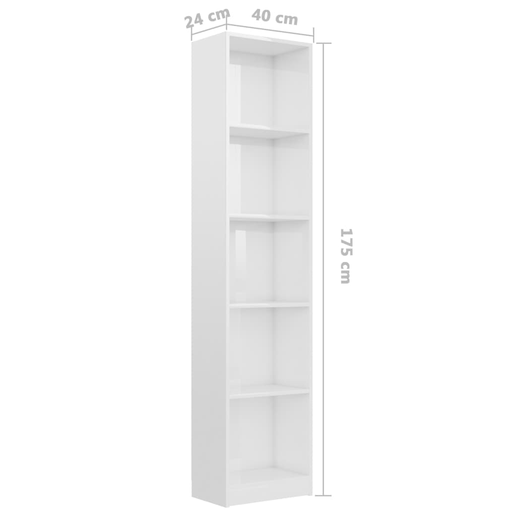 Libreria a 5 Ripiani Bianco Lucido 40x24x175 cm in Truciolato