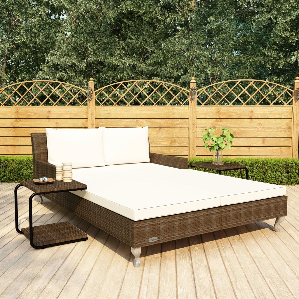 Lettino Prendisole per 2 Persone con Cuscini Polyrattan Marrone cod mxl 55517