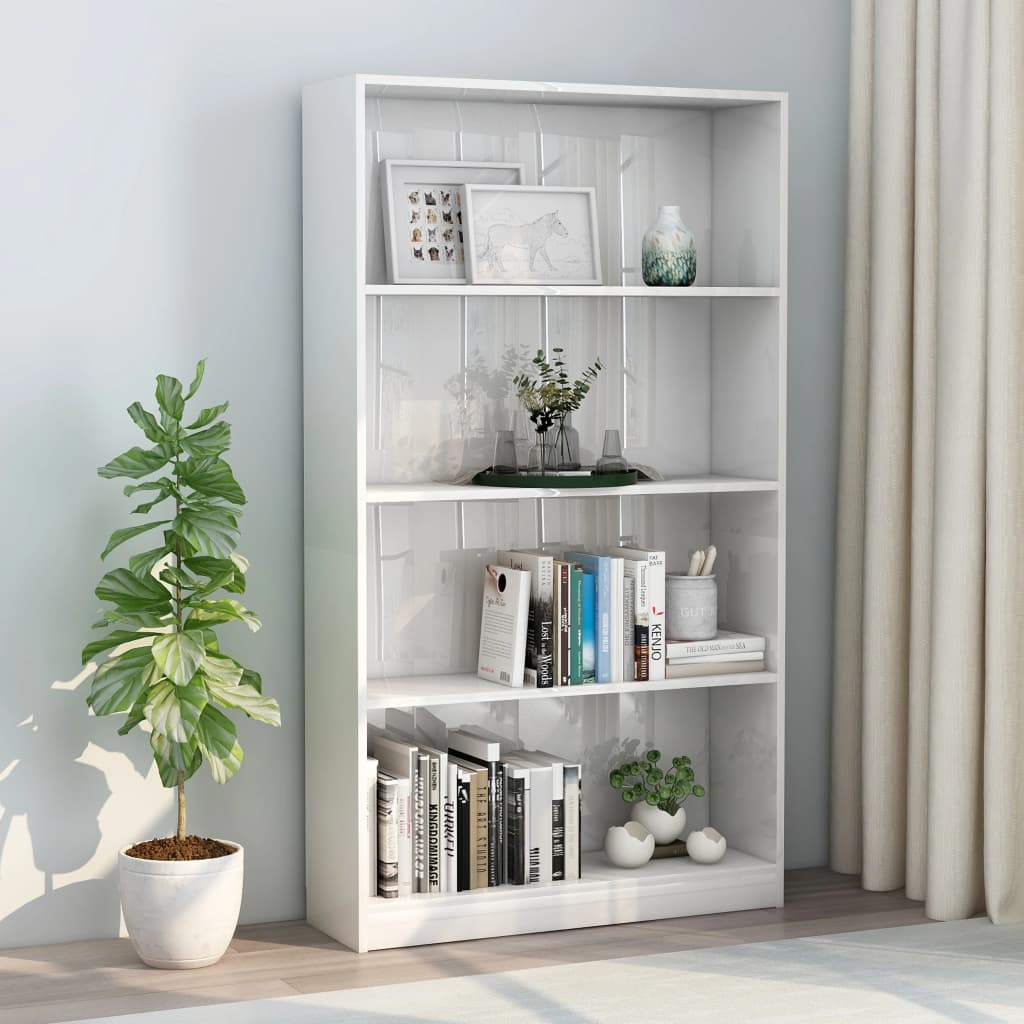 Libreria 4 Ripiani Bianco Lucido 80x24x142 cm Legno Multistrato 800915