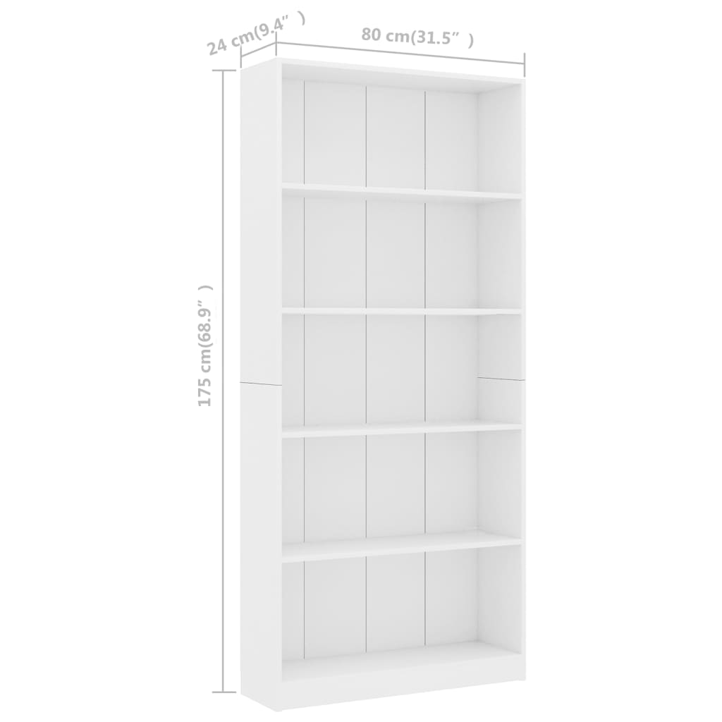 Libreria a 5 Ripiani Bianca 80x24x175 cm in Legno Multistrato