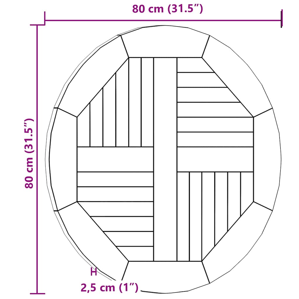 Piano Tavolo in Legno Massello di Teak Rotondo 2,5 cm 80 cm 48986