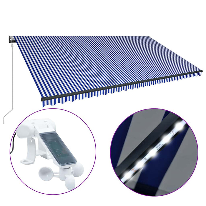 Tenda con Sensore Vento e LED 600x300 cm Blu e Bianca 3051284