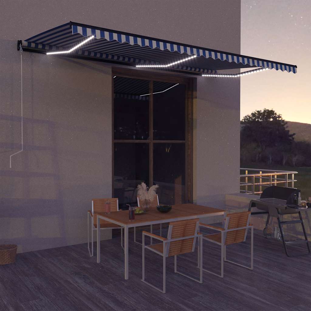 Tenda con Sensore Vento e LED 600x300 cm Blu e Bianca 3051284