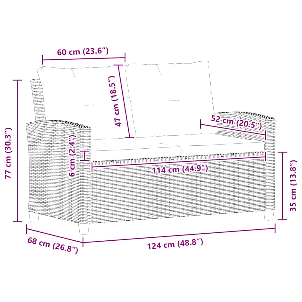 Divano da Giardino 2 Posti con Cuscini Nero 124 cm Polyrattan 46155