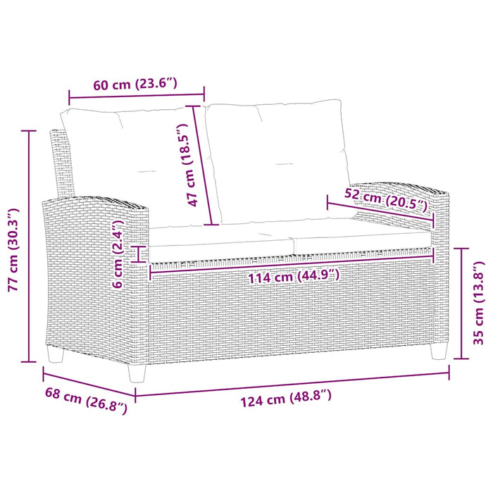 Divano da Giardino 2 Posti con Cuscini Nero 124 cm Polyrattan 46155