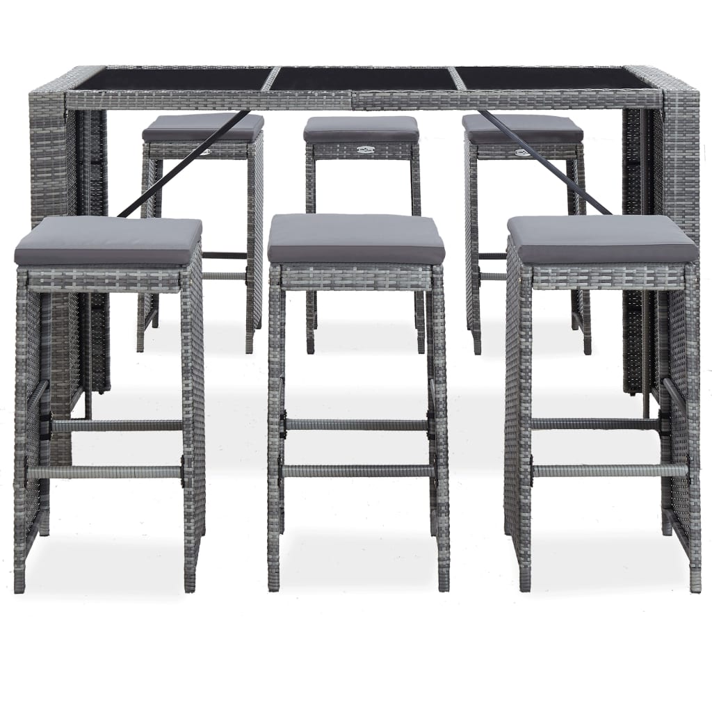 Set da Bar da Giardino 7 pz con Cuscini in Polyrattan Grigio 49561