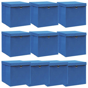 Scatole con Coperchi 10 pz Blu 32x32x32 cm in Tessuto