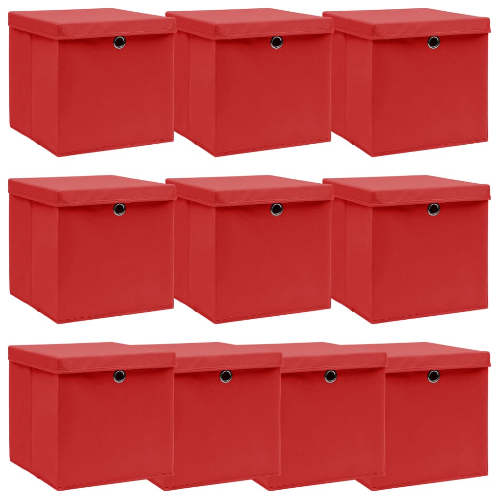 Scatole con Coperchi 10 pz Rosse 32x32x32 cm in Tessuto