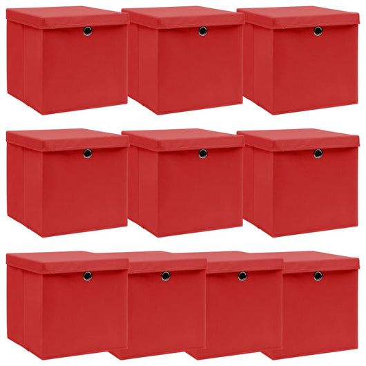 Scatole con Coperchi 10 pz Rosse 32x32x32 cm in Tessuto