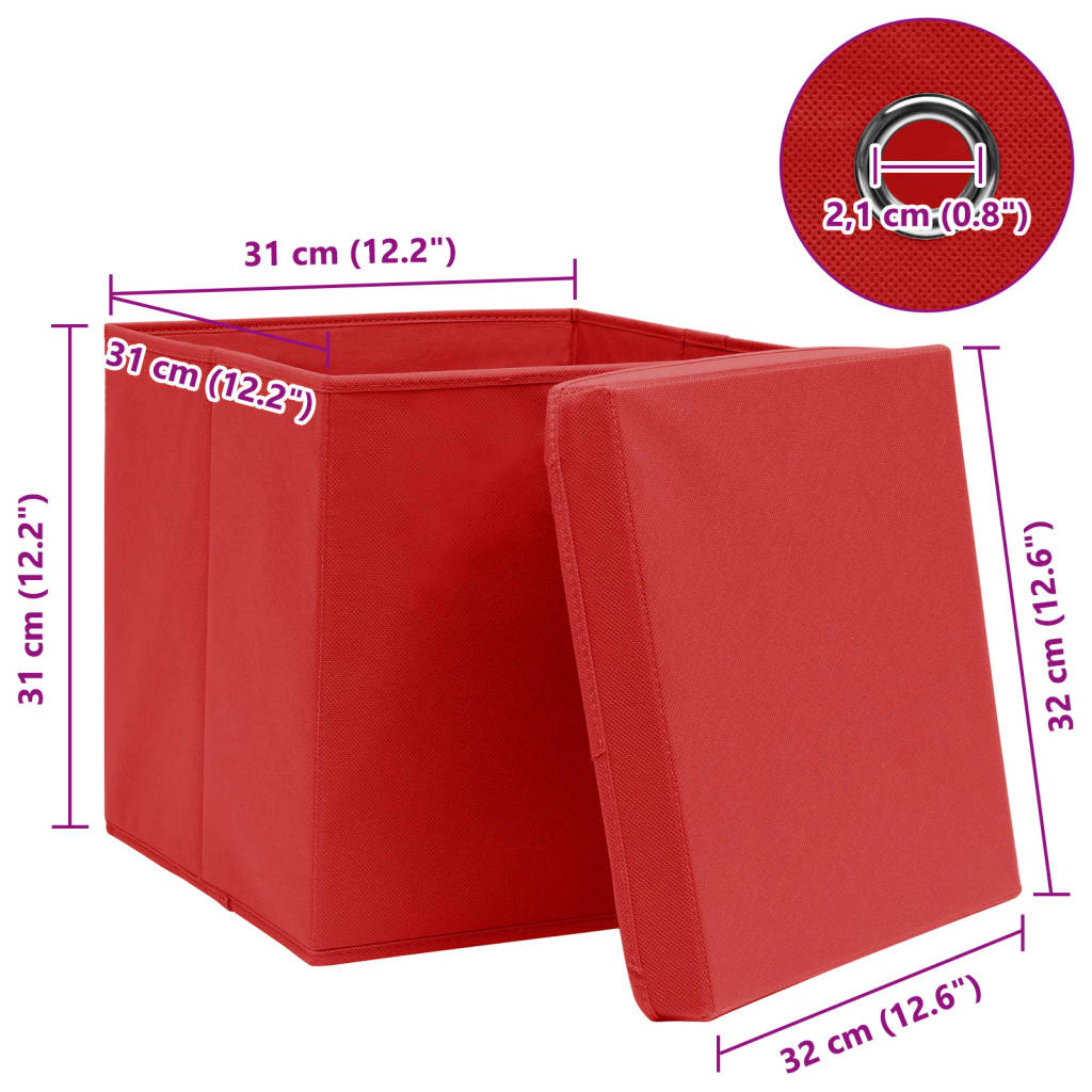 Scatole con Coperchi 10 pz Rosse 32x32x32 cm in Tessuto