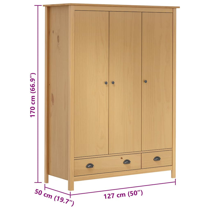 Armadio a 3 Ante Hill 127x50x170cm Legno Massello di Pino