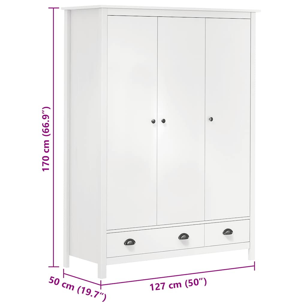 Armadio a 3 Ante Hill Bianco 127x50x170 cm in Legno di Pino 288952