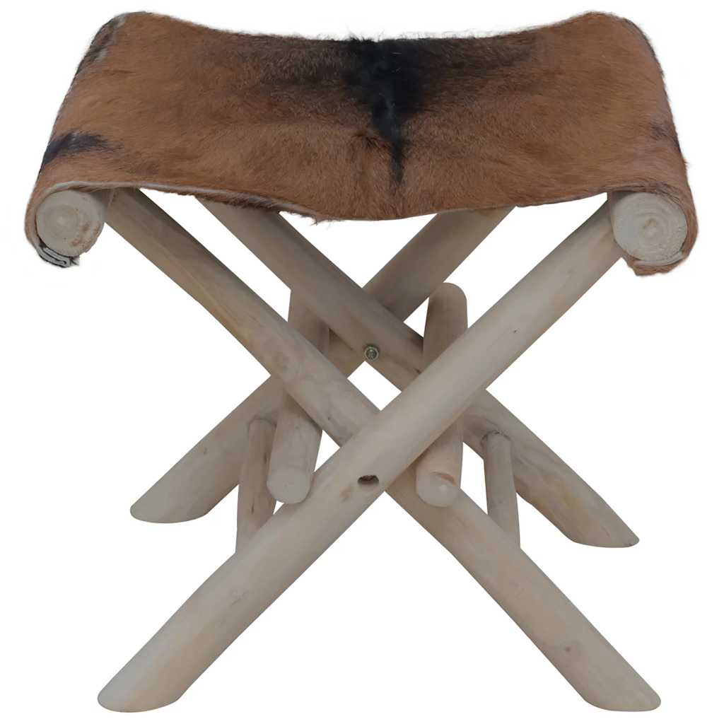 Sgabello Pieghevole in Vera Pelle di Capra e Legno di Teak