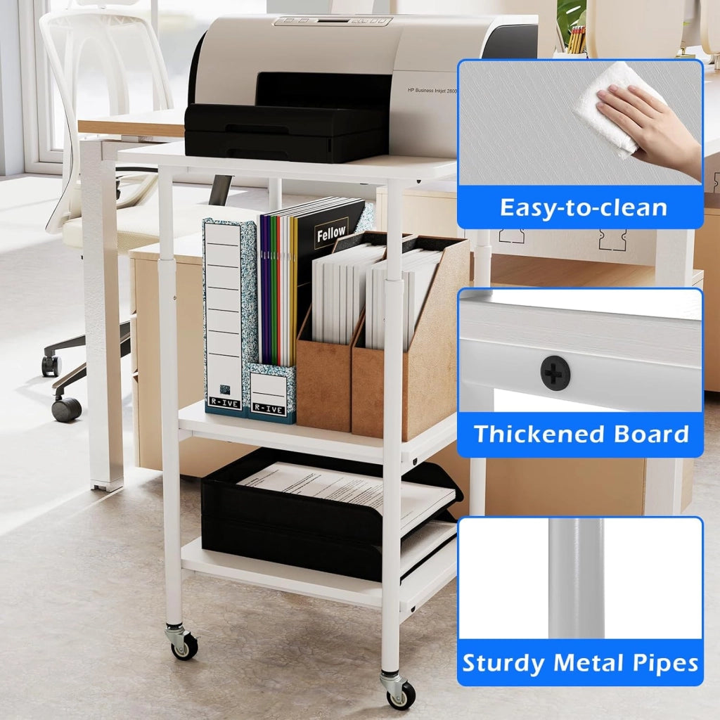 Supporto per stampante regolabile in altezza, mobile stampante mobile, scaffale per roulette a 3 livelli per fax, cartelle, scanner, scaffale con ruote per ufficio, cucina (bianco)
