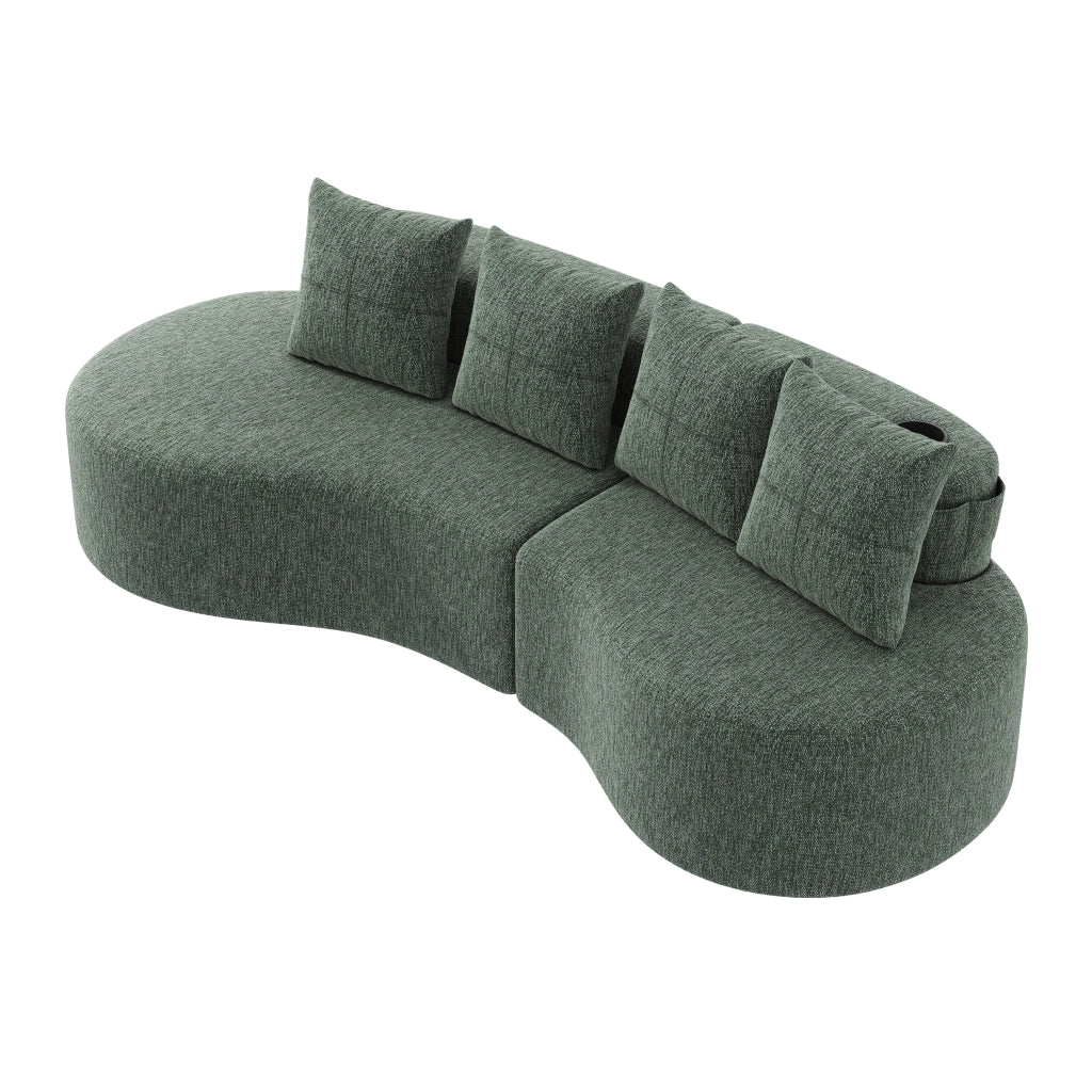 Divano in lino con portabicchieri tasche laterali e 4 cuscini imbottitura in schiuma verde 240 × 109 × 63 cm