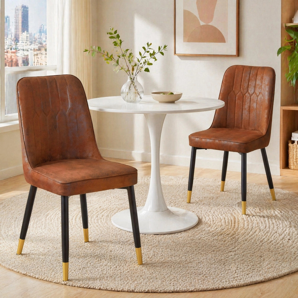 Set di 2 sedie da pranzo moderne con schienale; seduta in tessuto tech marrone e gambe in metallo nero
