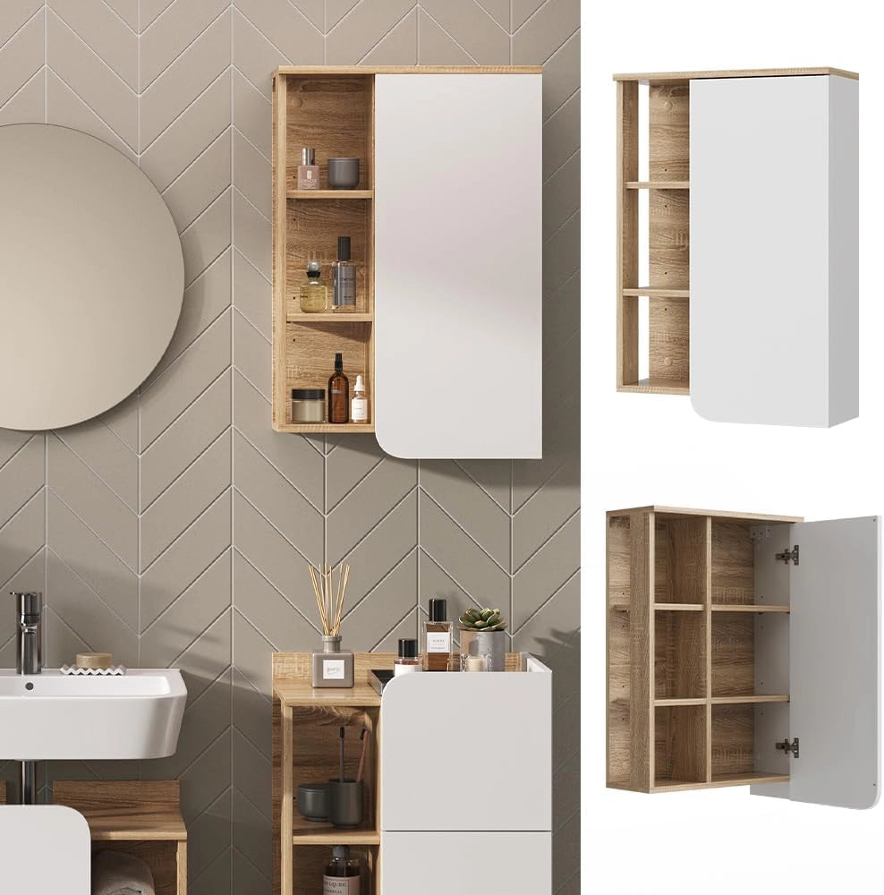 Mobile bagno Karen, Sonoma/Bianco, 50 x 75 cm con anta e vani a giorno, per montaggio a parete con vani a giorno e vani chiusi
