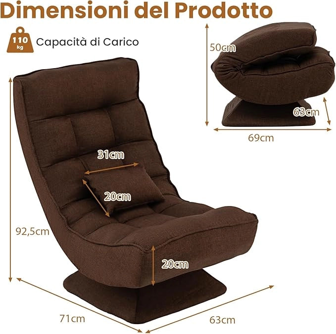 Chaise longue da Pavimento Pieghevole, Sedia da Gioco da Pavimento con Schienale Regolabile in 5 Posizioni, Divano Reclinabile da Interno (Marrone)
