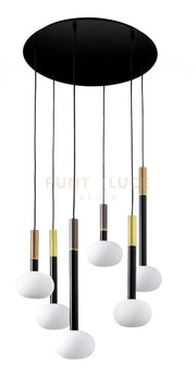 MOSE LAMPADARIO SOSPENSIONE 6 LUCI  DIAM.50 METALLO VERNICIATO NERO VETRO BIANCO ATTACCO G9