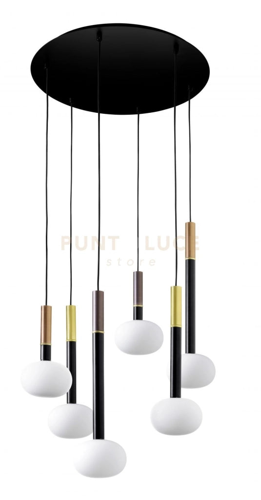 MOSE LAMPADARIO SOSPENSIONE 6 LUCI  DIAM.50 METALLO VERNICIATO NERO VETRO BIANCO ATTACCO G9