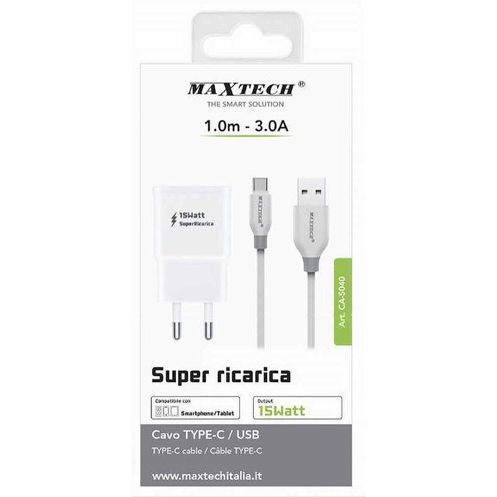 Trade Shop - Kit Caricabatteria Spina 2 Porte Usb + Cavo Type-c 1 Metro 3a Maxtech Ca-s040 -