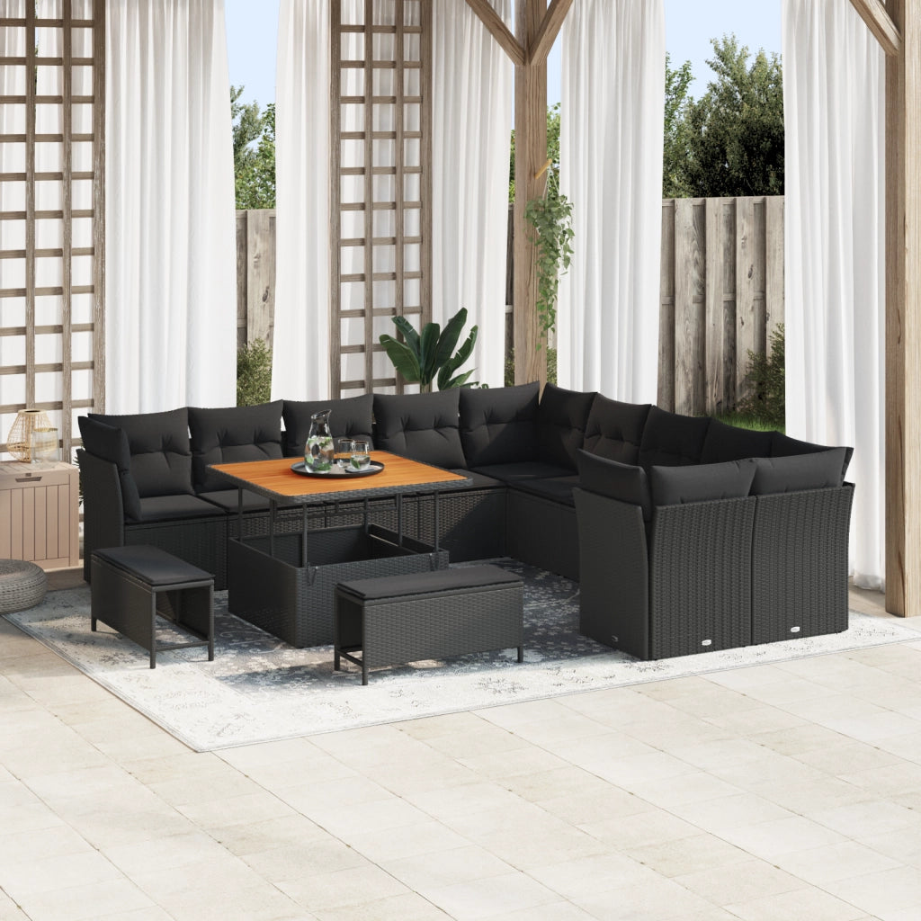 Set Divano da Giardino  13 Pezzi con Cuscini Nero Polyrattan Acacia