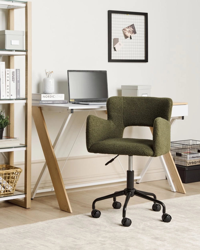 Sedia da scrivania girevole in tessuto boucle verde regolabile in altezza con schienale imbottito moderna industriale girevole con rotelle