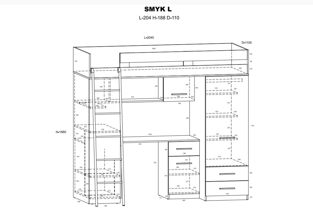 BIM Furniture letto soppalco con scrivania SMYK L cm110x204x188h Rovere scuro Crema